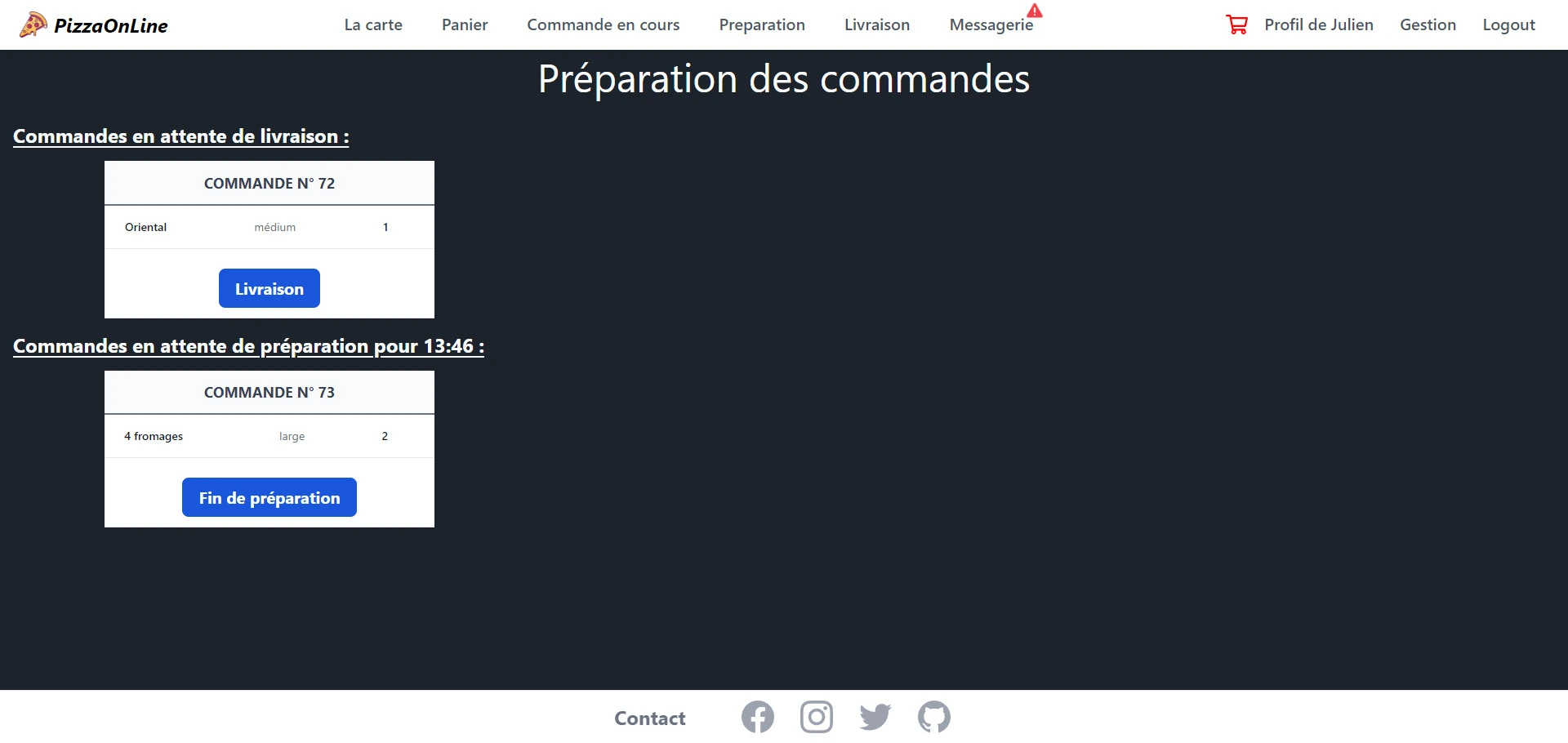 Page de préparation des commandes, listant les commandes à préparer ainsi que celles à livrer.